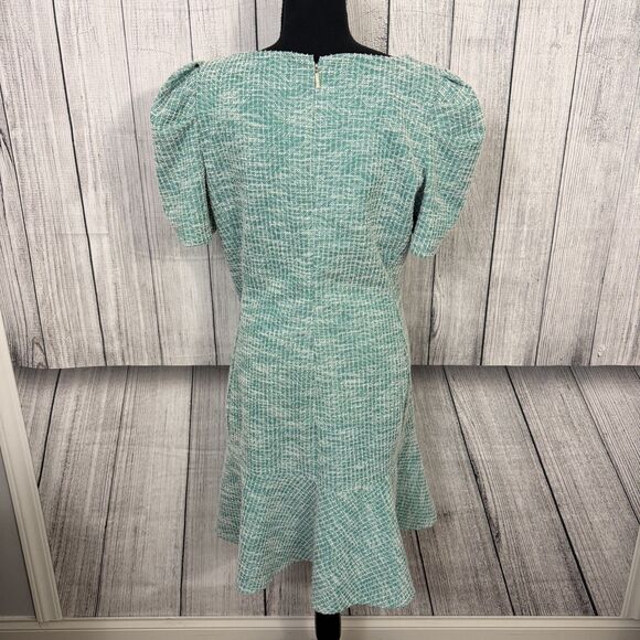 Karl Lagerfeld Paris Women Sz 14 Green Tweed Puff Sleeve Ruffle Hem Sheath Dress - Picture 4 of 8